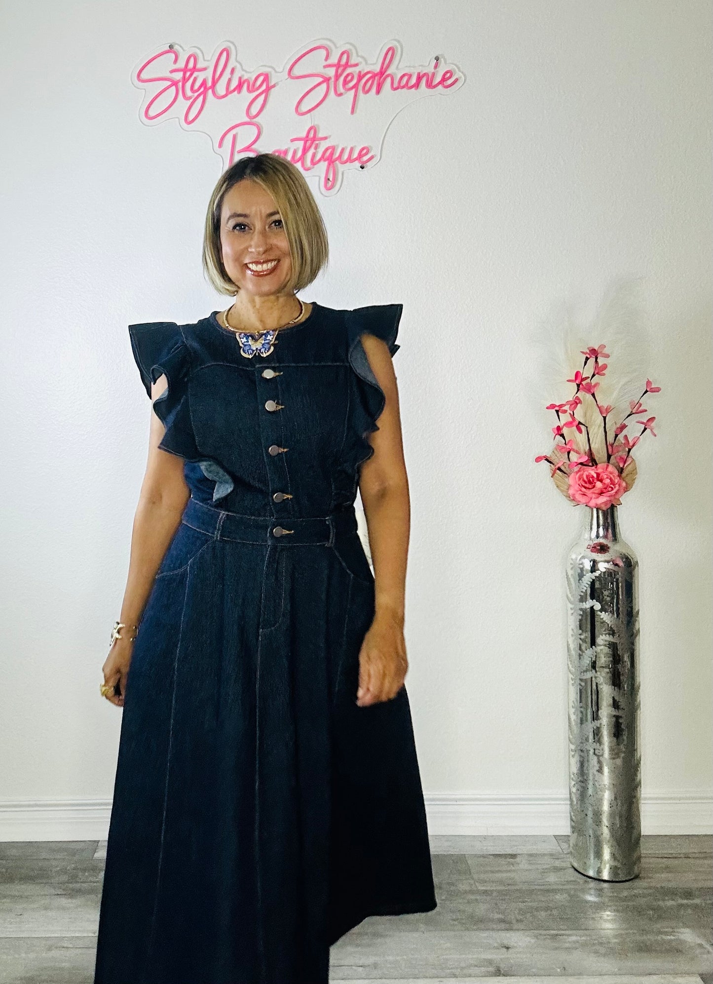 Elegant Paris Dark Denim Midi Dress