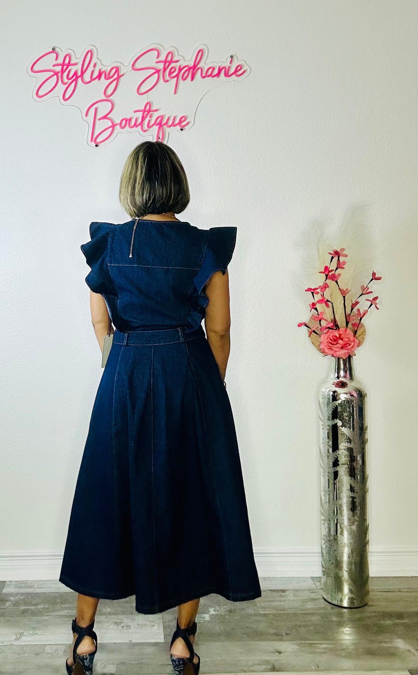Elegant Paris Dark Denim Midi Dress