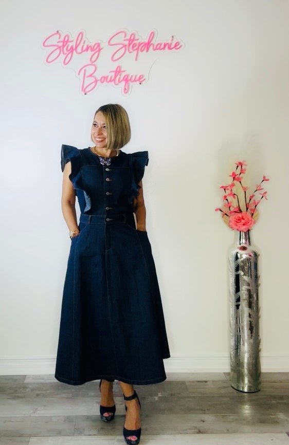Elegant Paris Dark Denim Midi Dress
