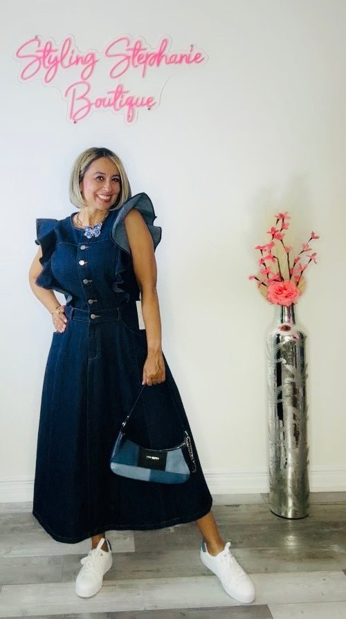 Elegant Paris Dark Denim Midi Dress