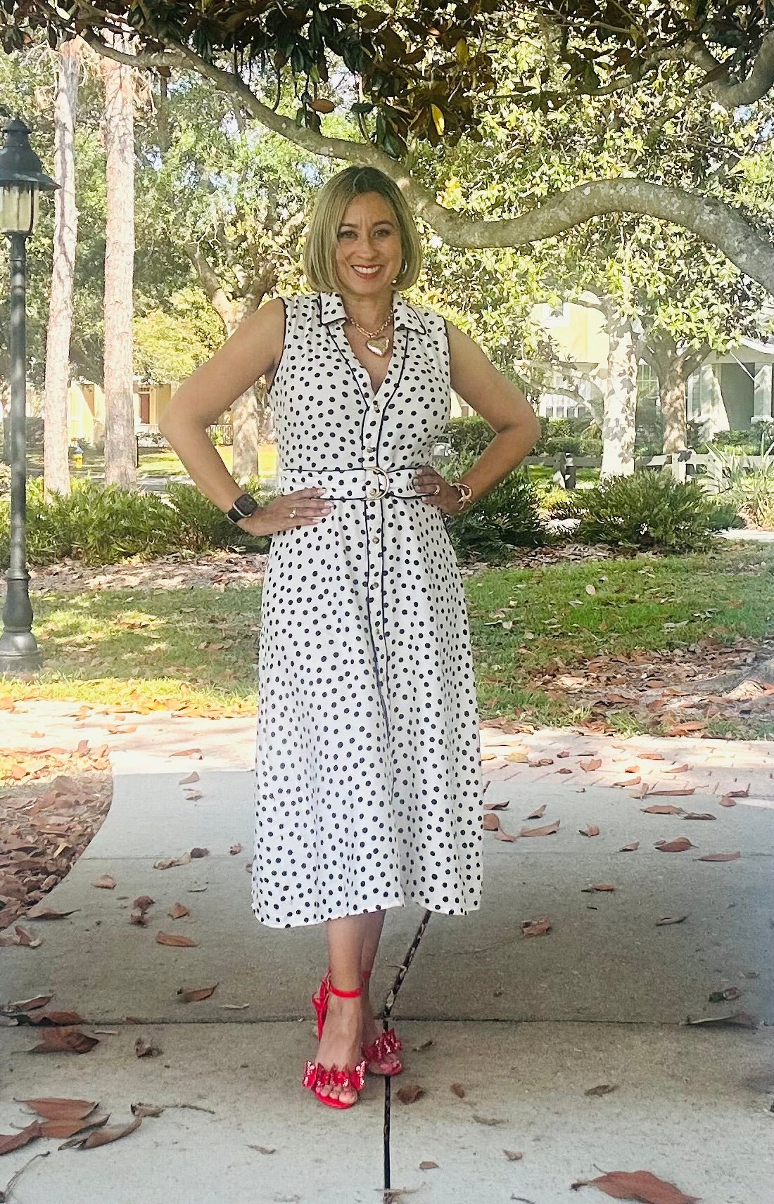 Polka Dot Belted Midi Dress