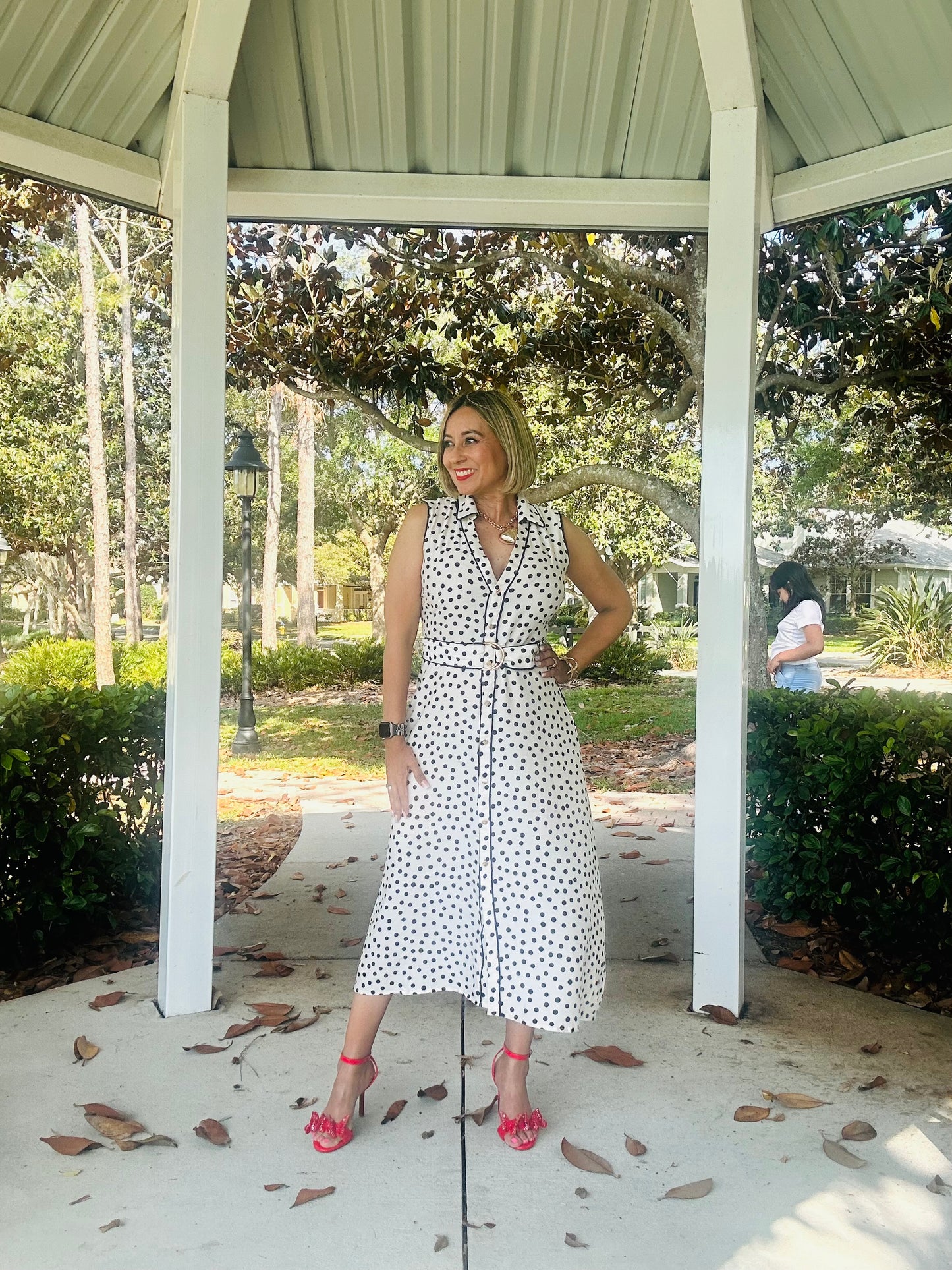 Polka Dot Belted Midi Dress