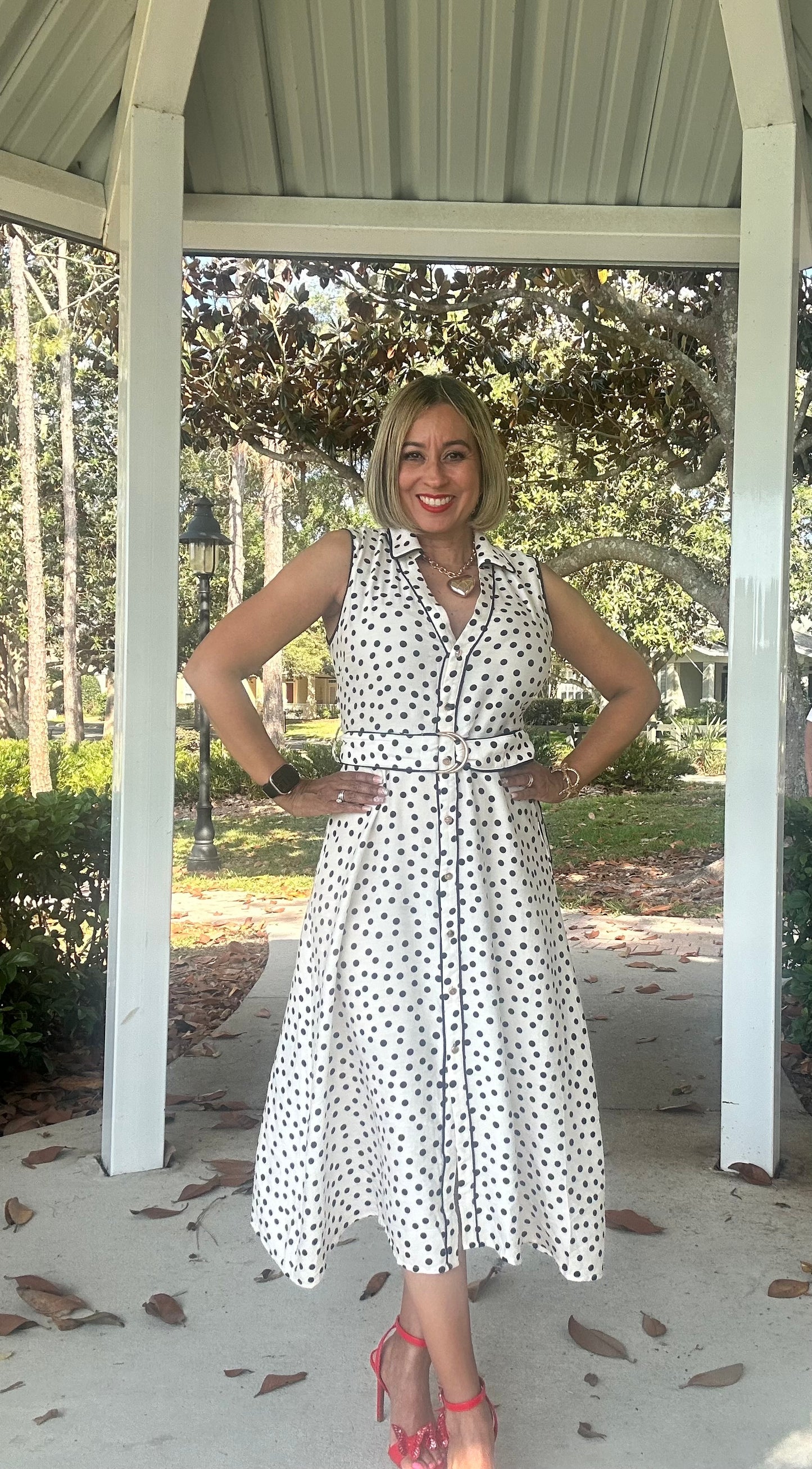Polka Dot Belted Midi Dress
