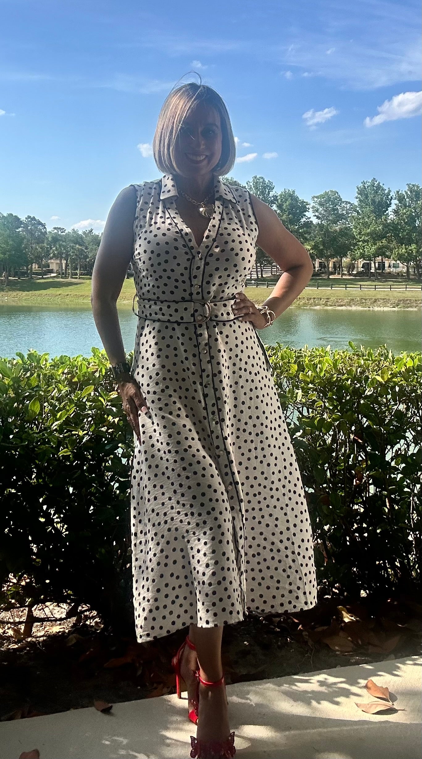 Polka Dot Belted Midi Dress