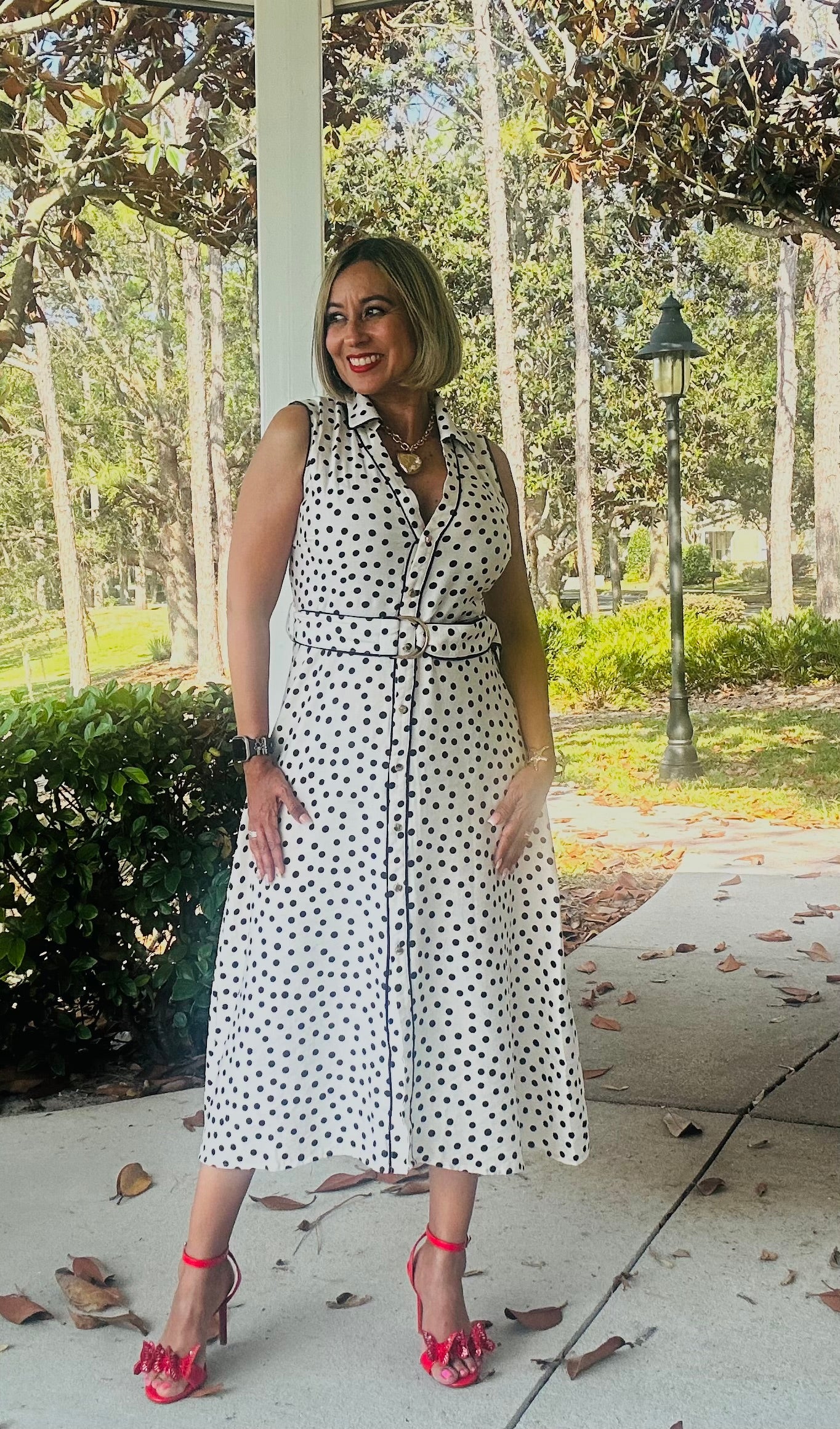 Polka Dot Belted Midi Dress