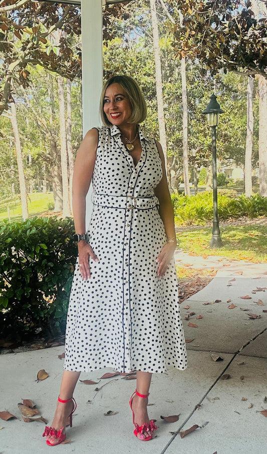 Polka Dot Belted Midi Dress
