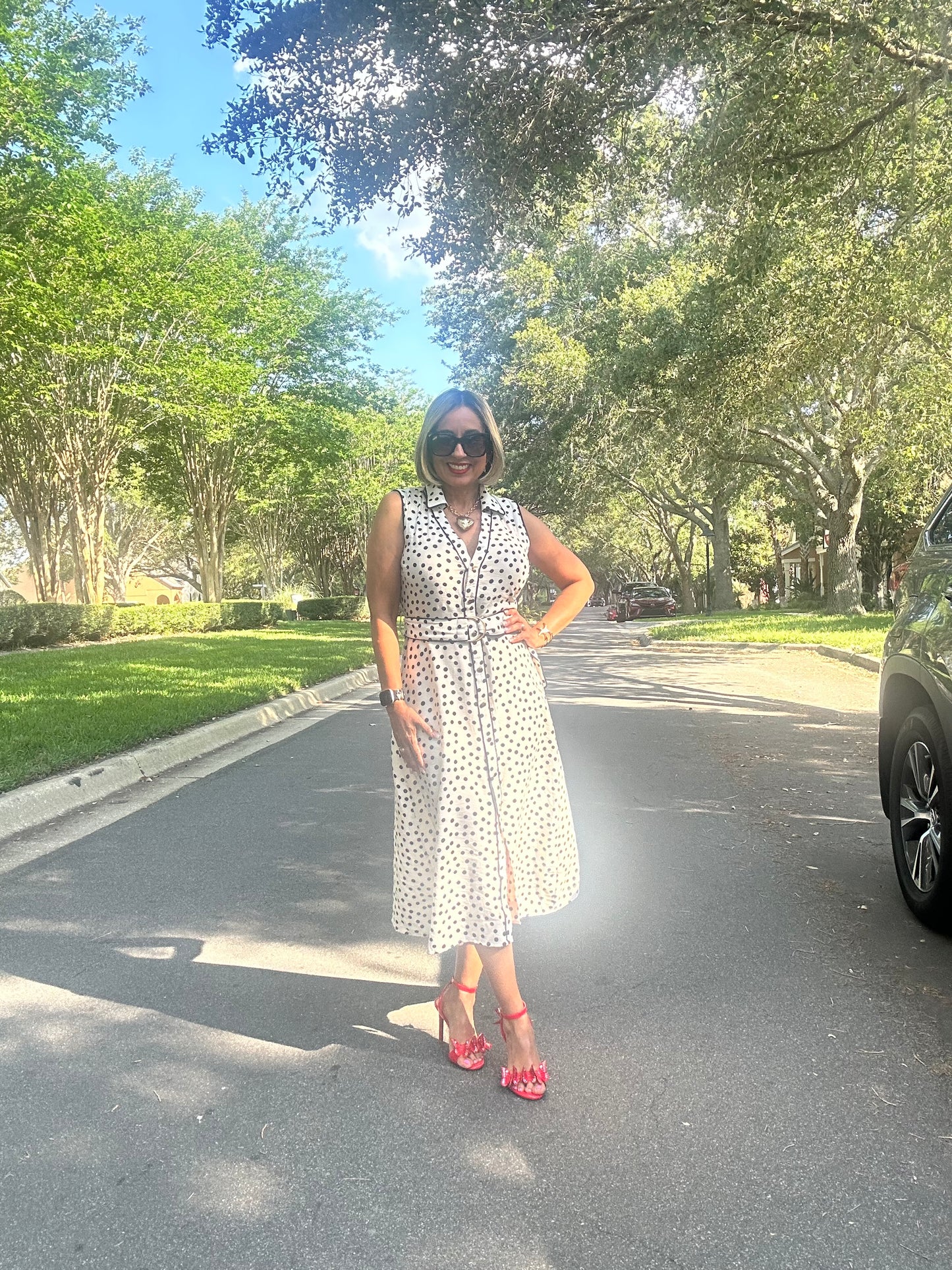 Polka Dot Belted Midi Dress