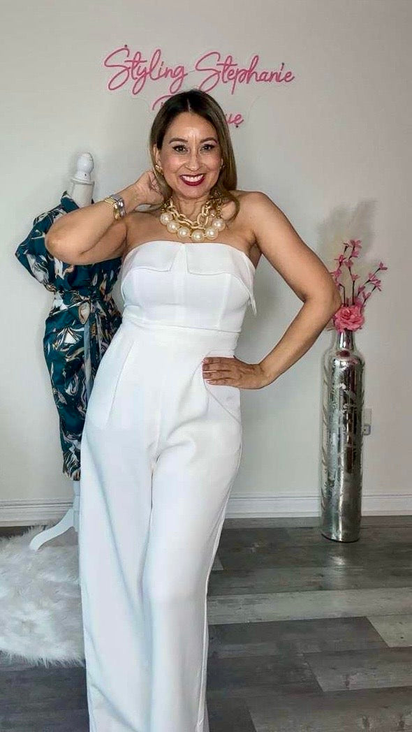 White Foldover Strapless Jumpsuit