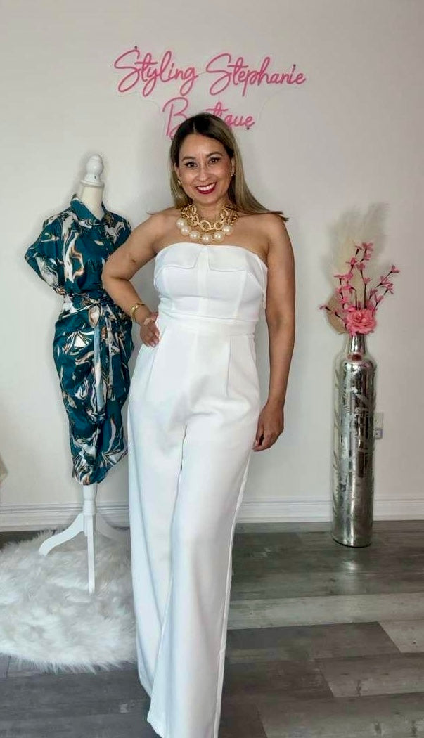 White Foldover Strapless Jumpsuit