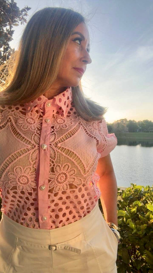 Soft Pink Pearl Hearted Button Top