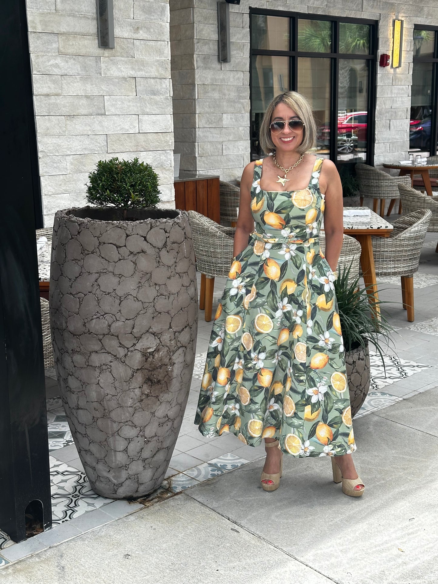 Lemon Printed Square Neck Midi Dress