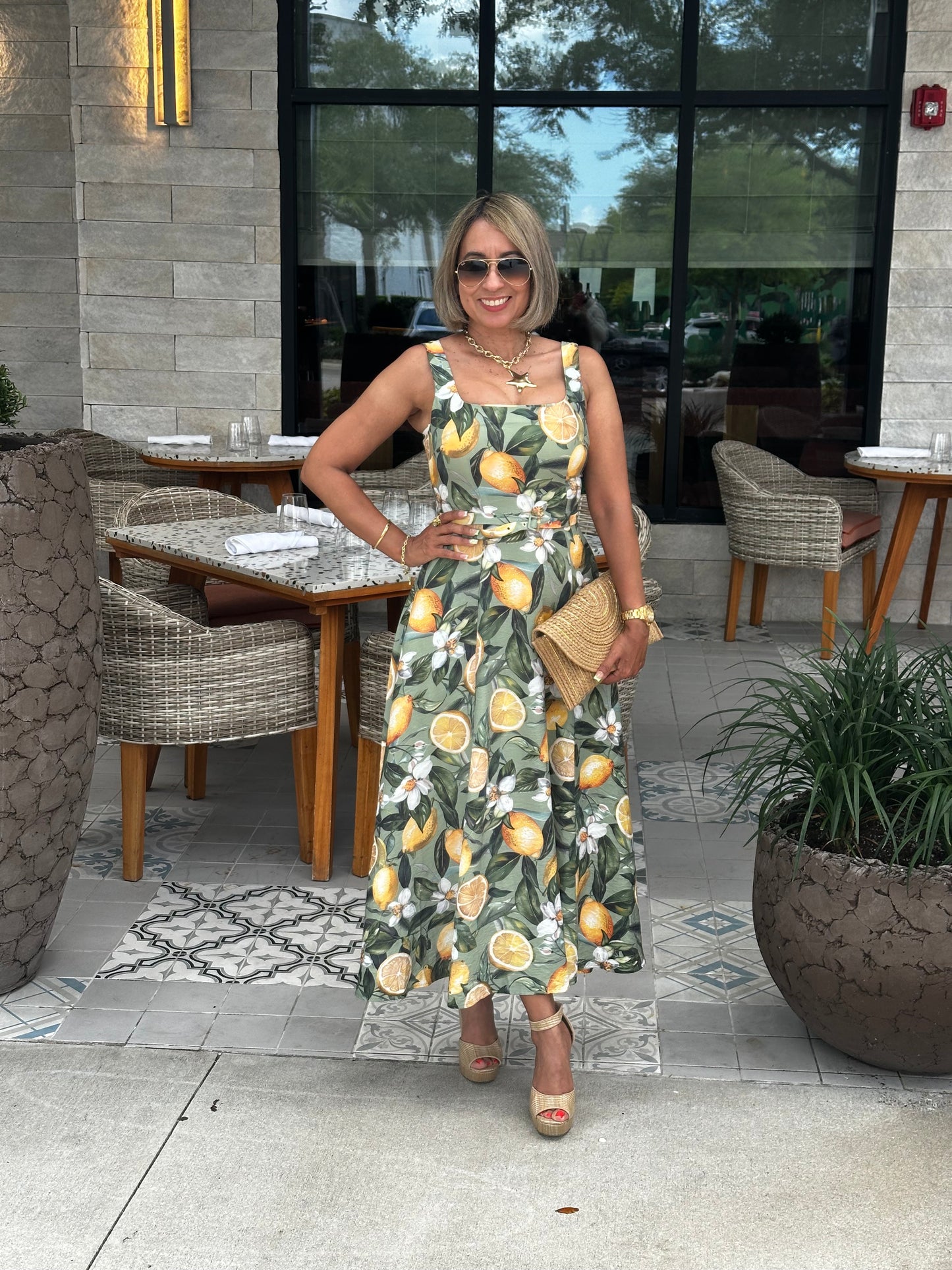 Lemon Printed Square Neck Midi Dress
