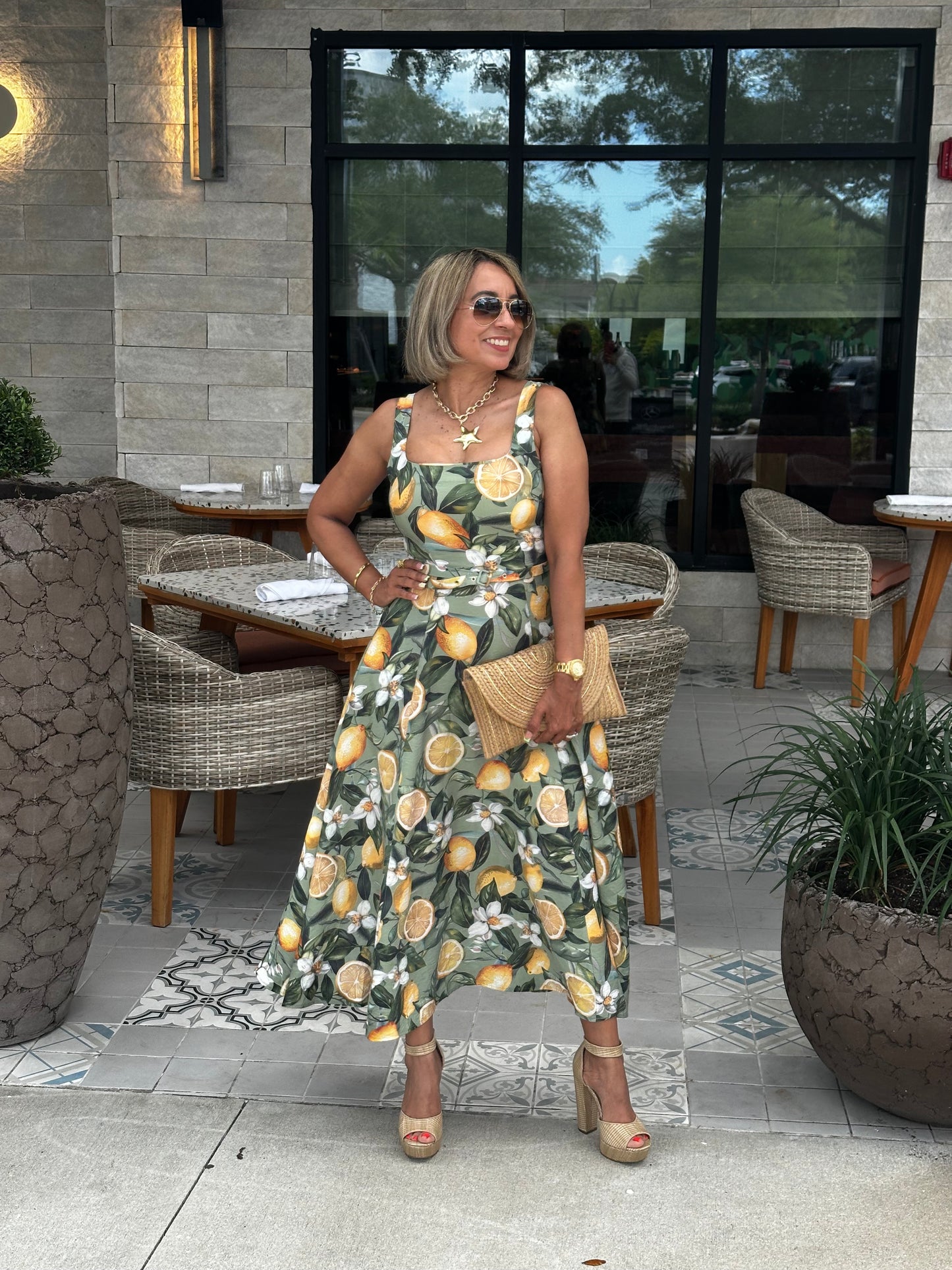 Lemon Printed Square Neck Midi Dress