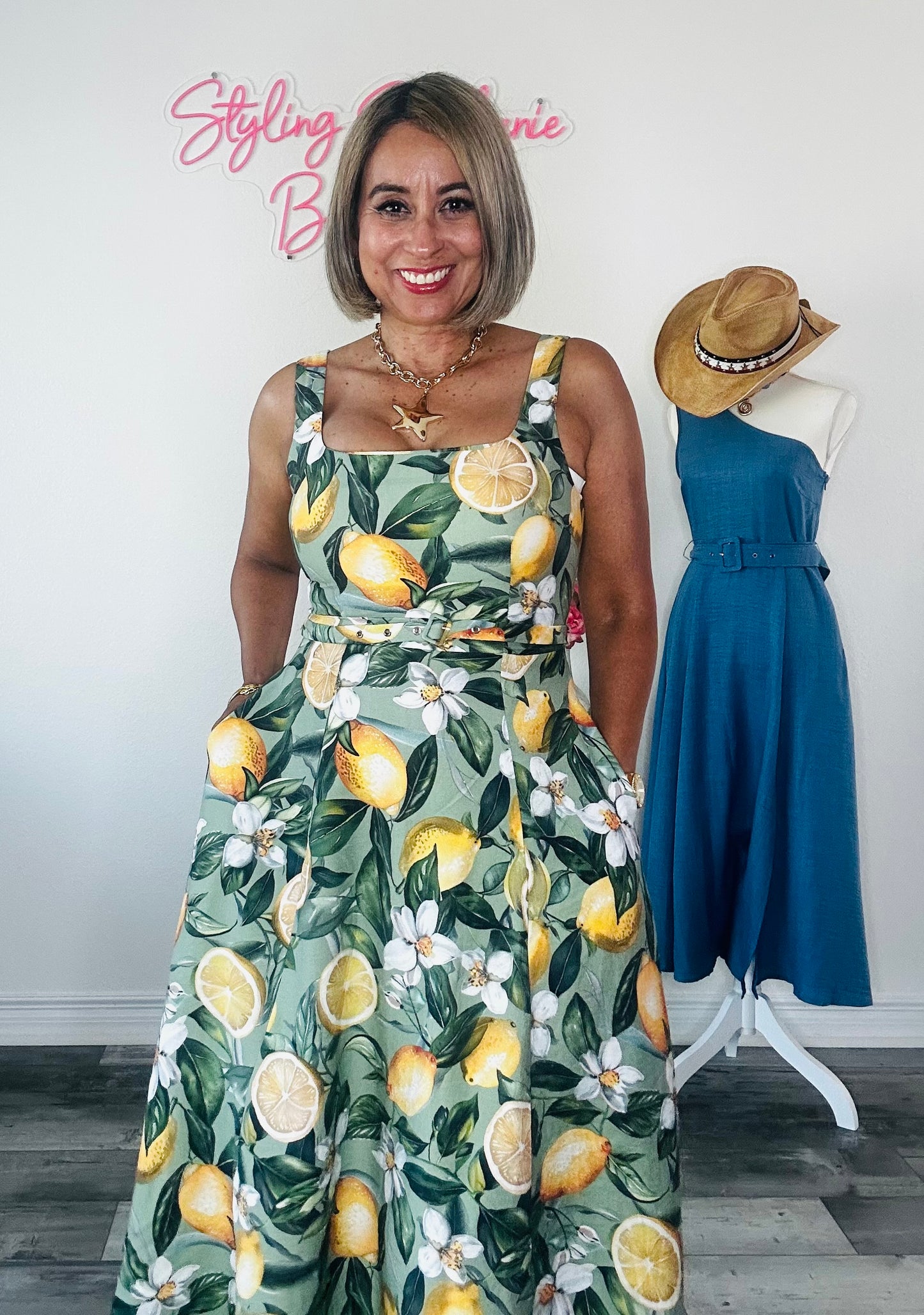 Lemon Printed Square Neck Midi Dress