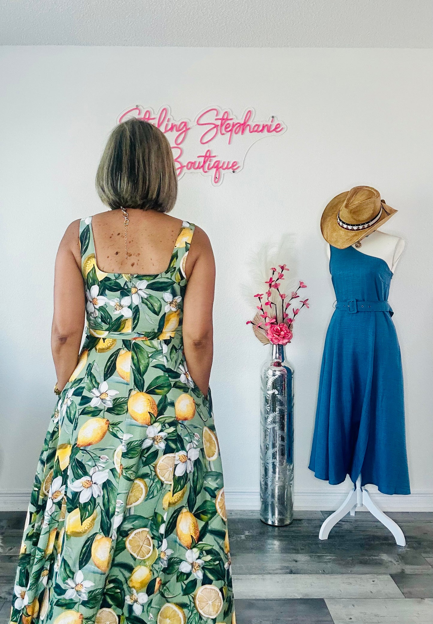 Lemon Printed Square Neck Midi Dress