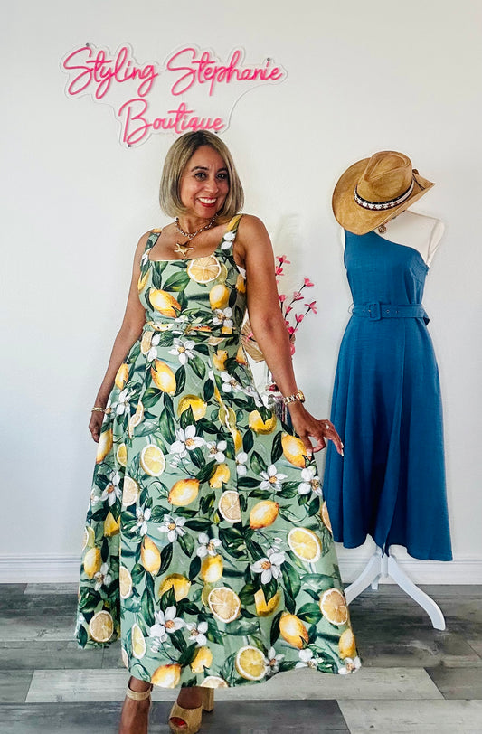 Lemon Printed Square Neck Midi Dress