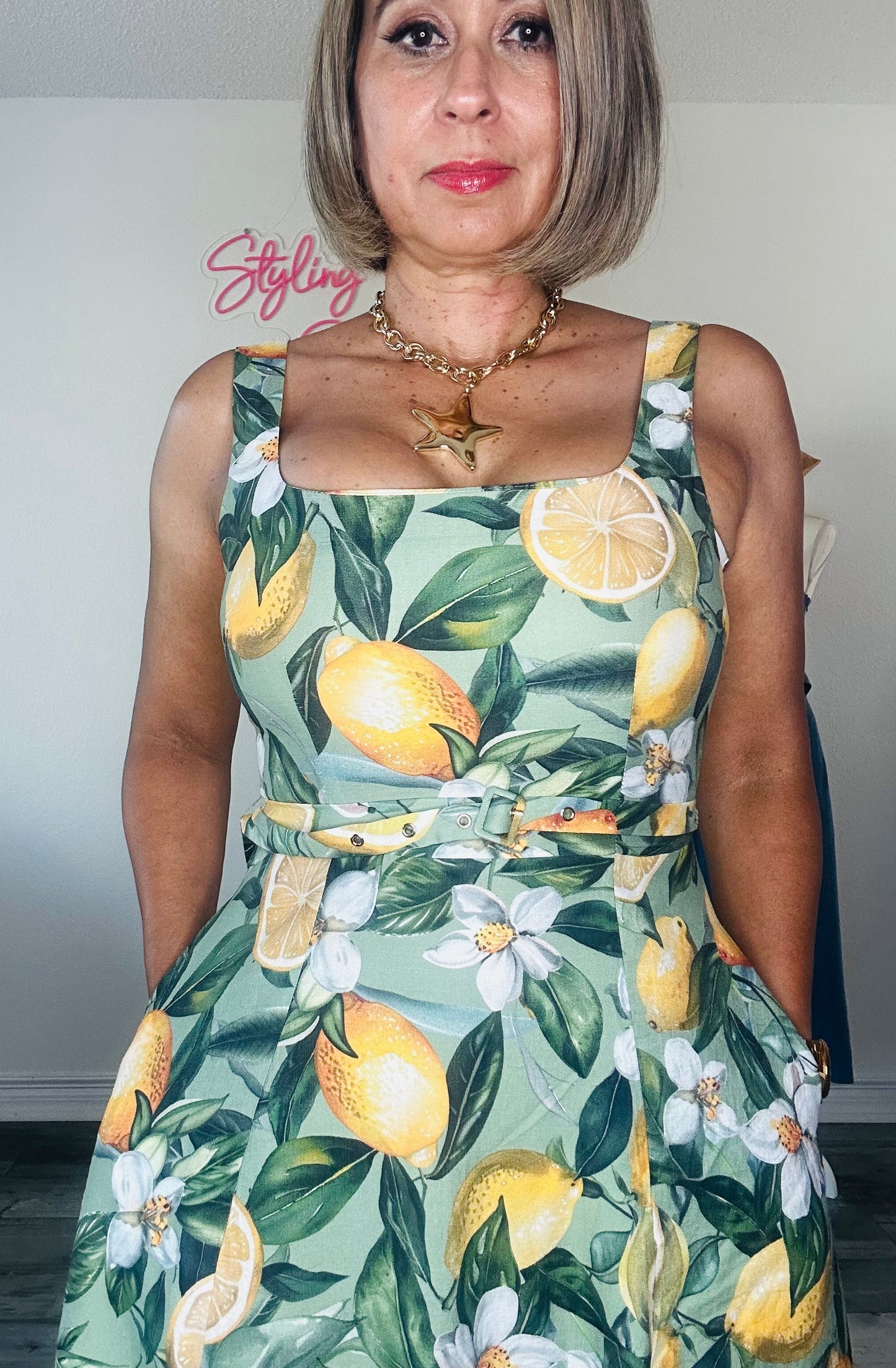 Lemon Printed Square Neck Midi Dress