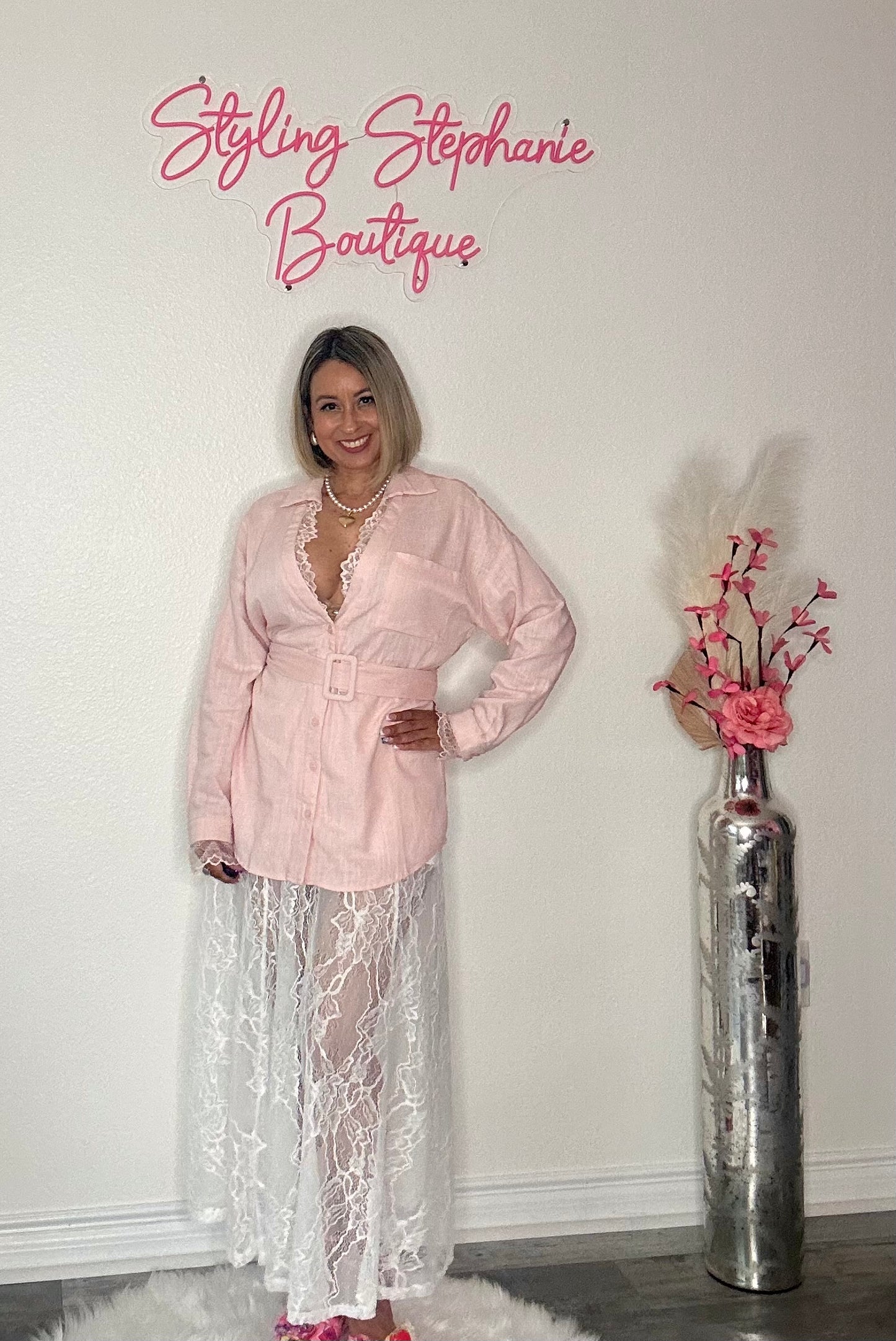 Blush Button Down Belted Top