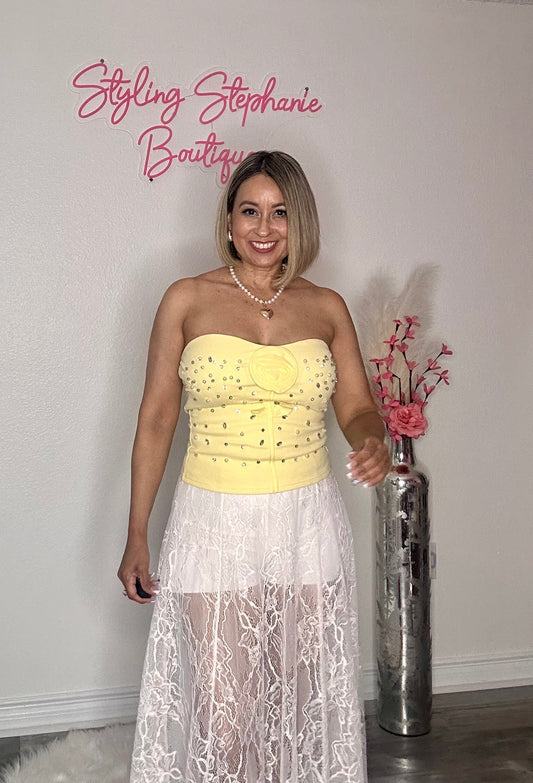 Yellow Flower Pearl Rhinestone Top