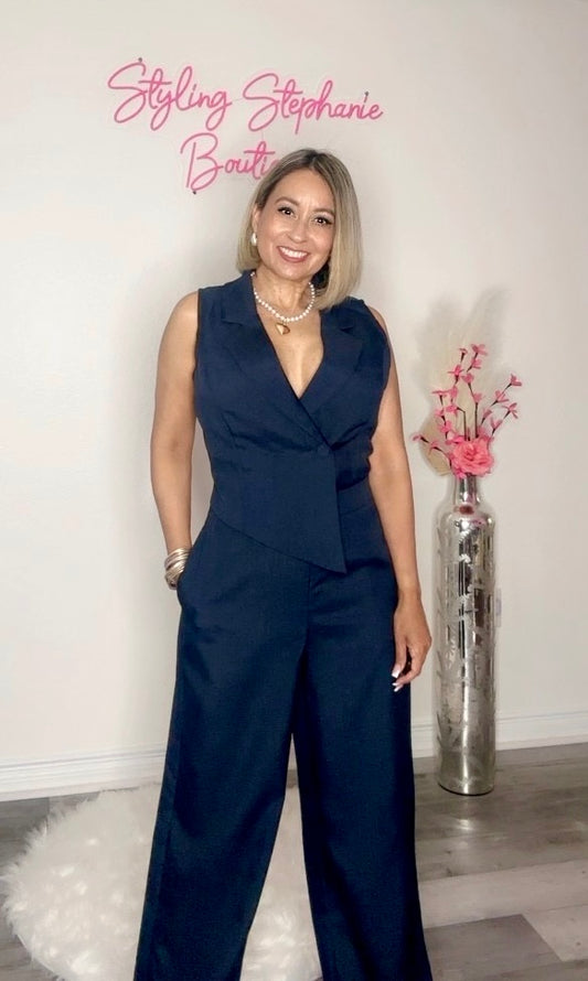 Navy Blue Asymmetric Hem Top Jumpsuit