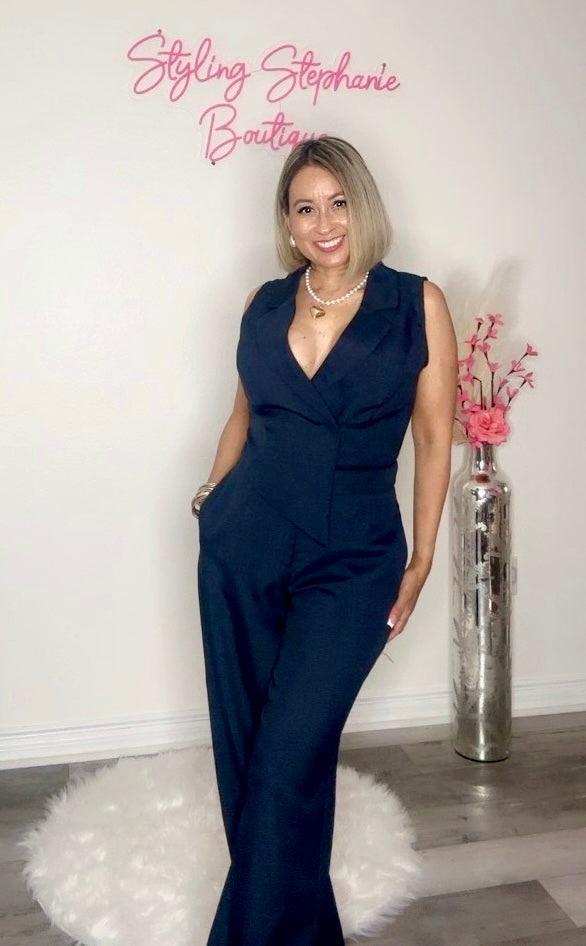 Navy Blue Asymmetric Hem Top Jumpsuit
