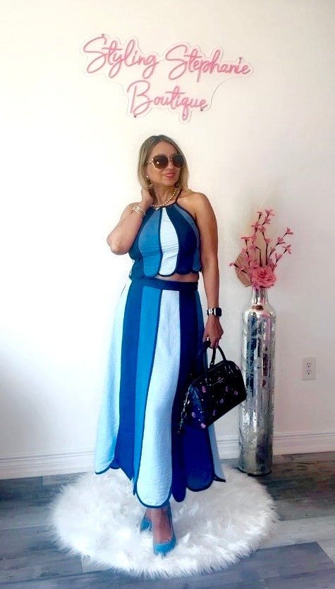 Denim Color Block Halter Neck Top with Midi Skirt Set