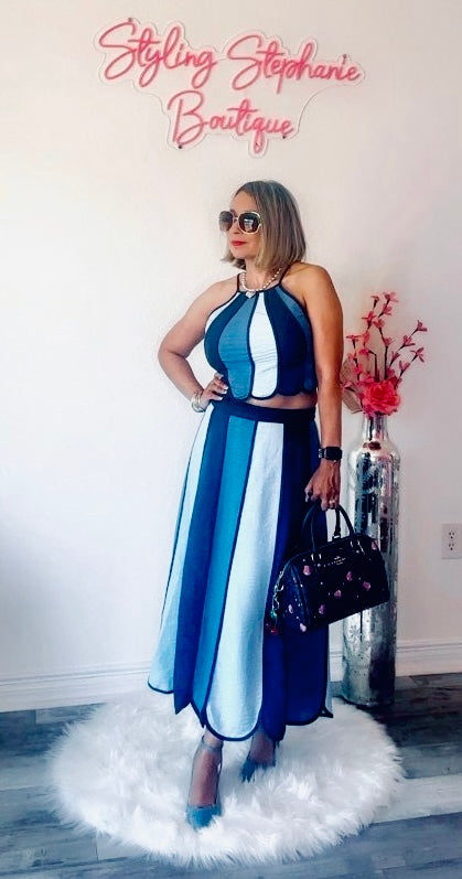 Denim Color Block Halter Neck Top with Midi Skirt Set