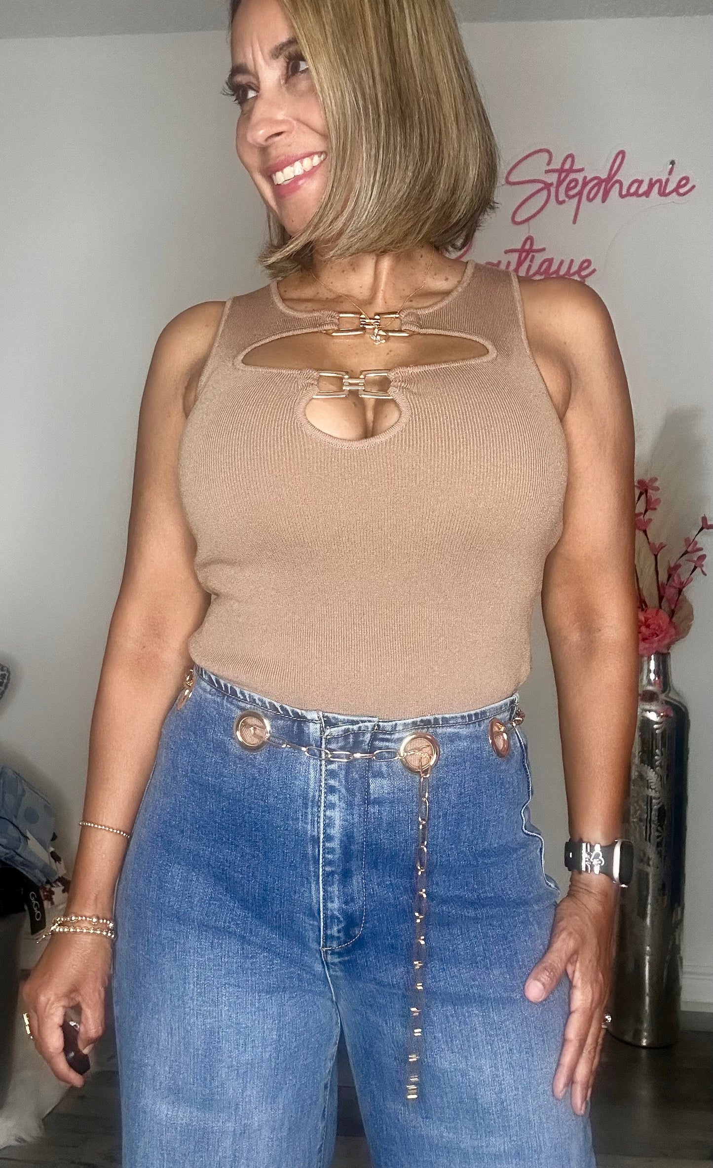 Mocha Buckle Detail Knitted Top