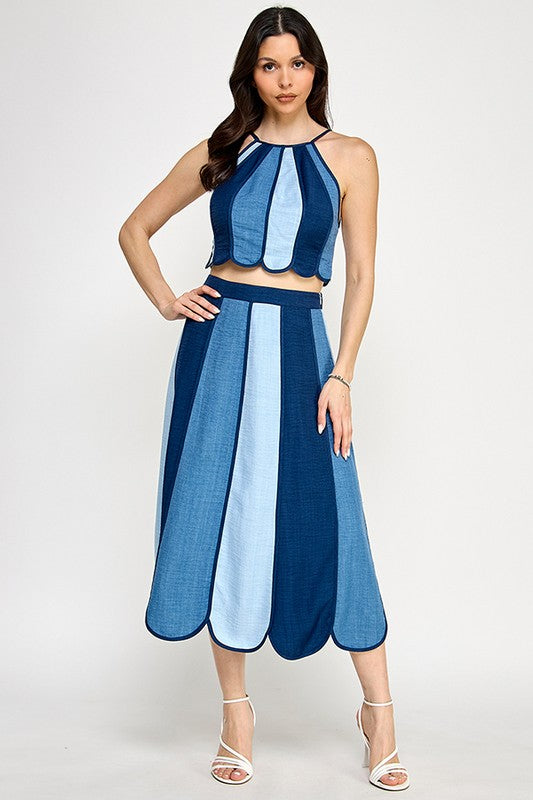 Denim Color Block Halter Neck Top with Midi Skirt Set