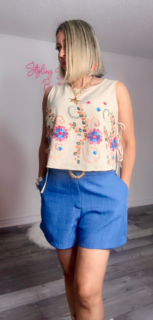 Denim Blue Embroidery Detail Shorts