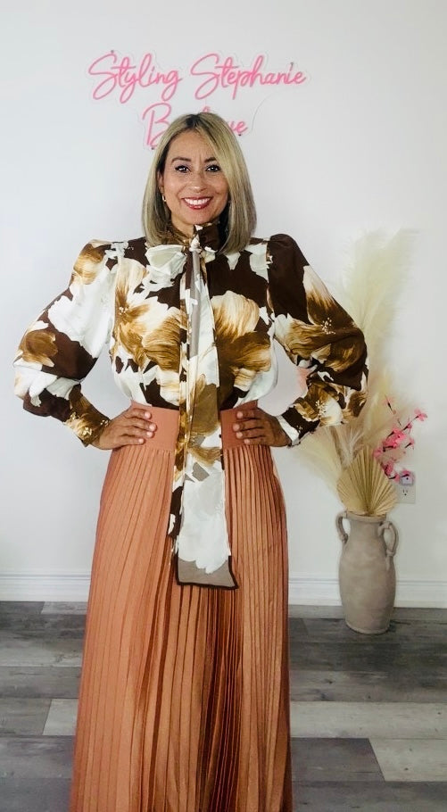 Brown Printed Long Sleeve Top With Scarf Neck Collar