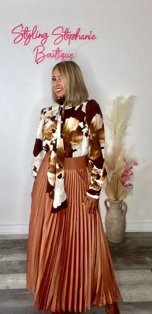 Camel Midi Pleated Skirt