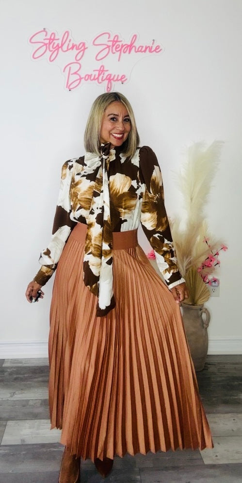 Camel Midi Pleated Skirt