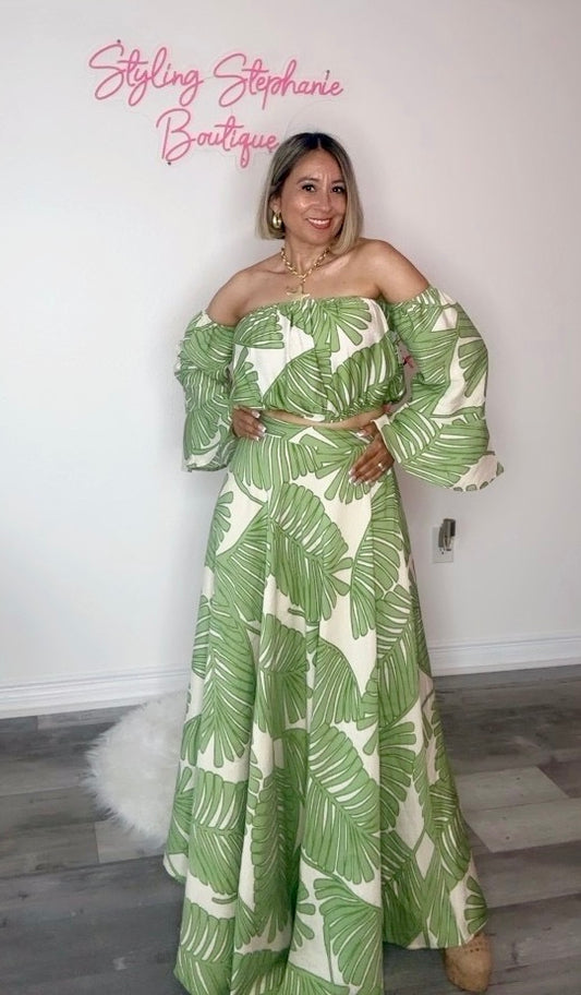 Soft Green Palm Skirt Set