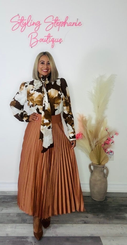 Camel Midi Pleated Skirt