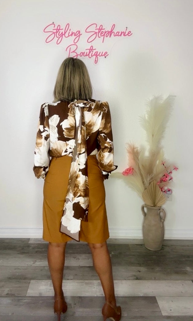 Brown Printed Long Sleeve Top With Scarf Neck Collar