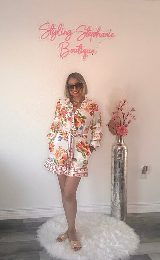 Orange Tropical 3/4 Sleeve Romper