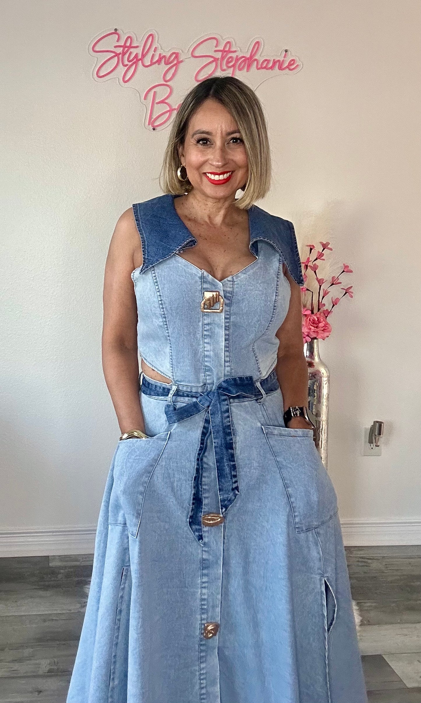 Denim Belted Long Dress
