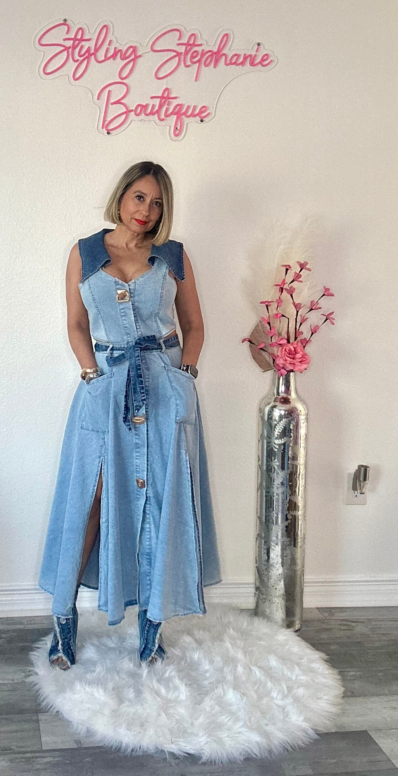 Denim Belted Long Dress