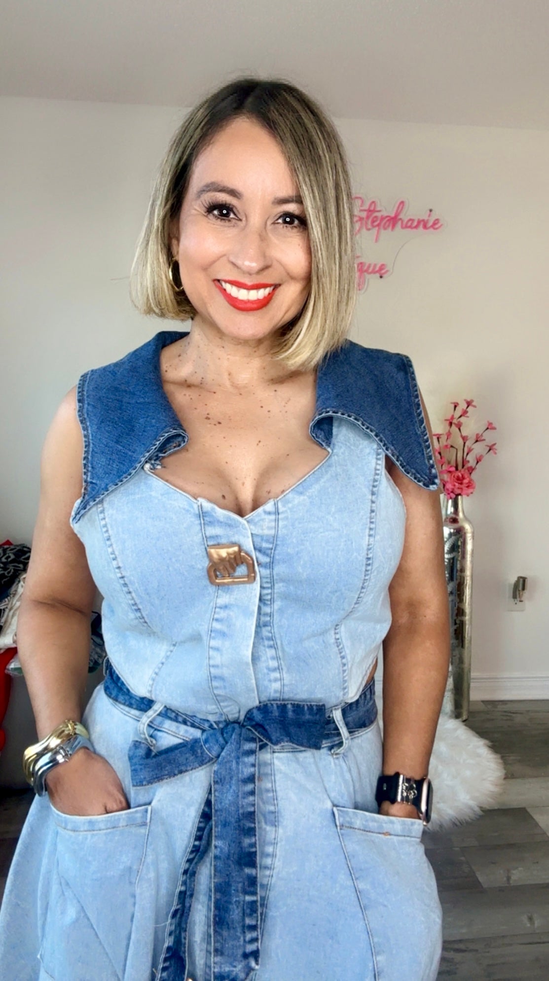 Denim Belted Long Dress