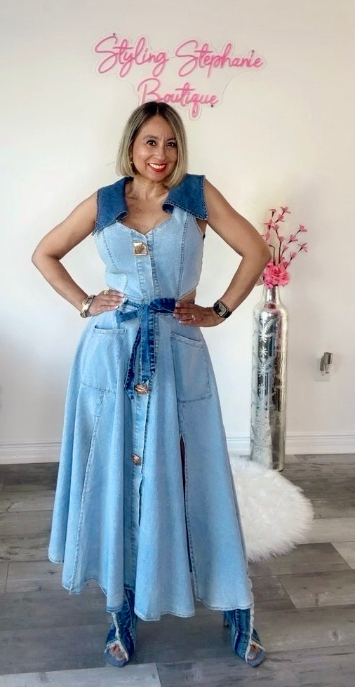Denim Belted Long Dress