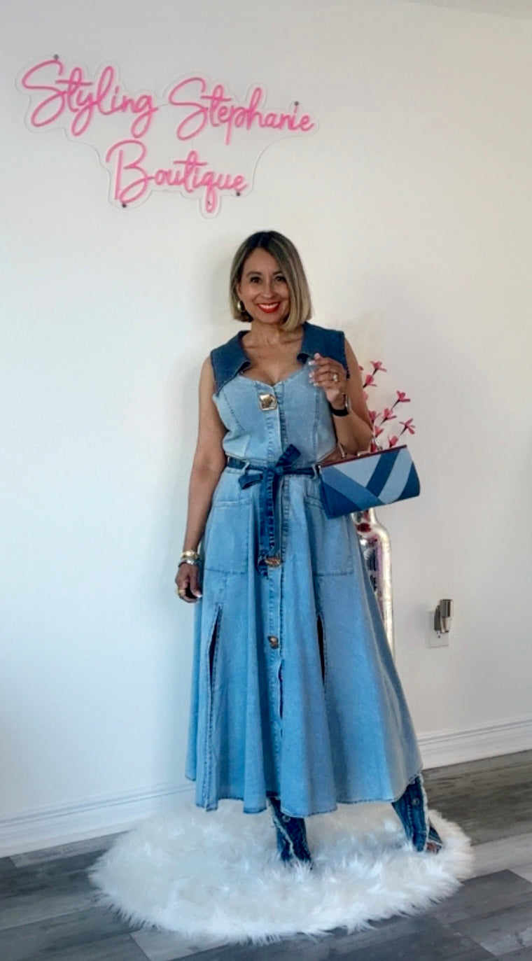 Denim Belted Long Dress