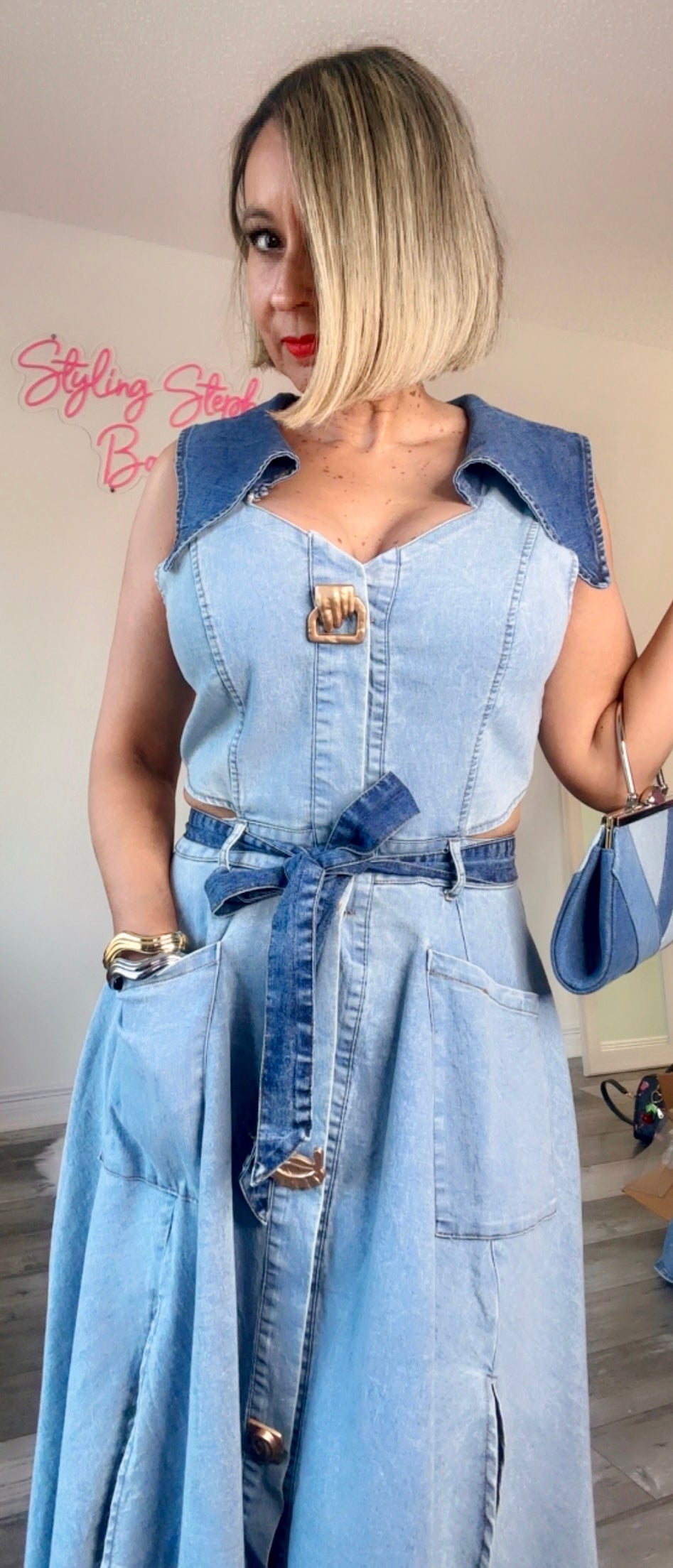 Denim Belted Long Dress