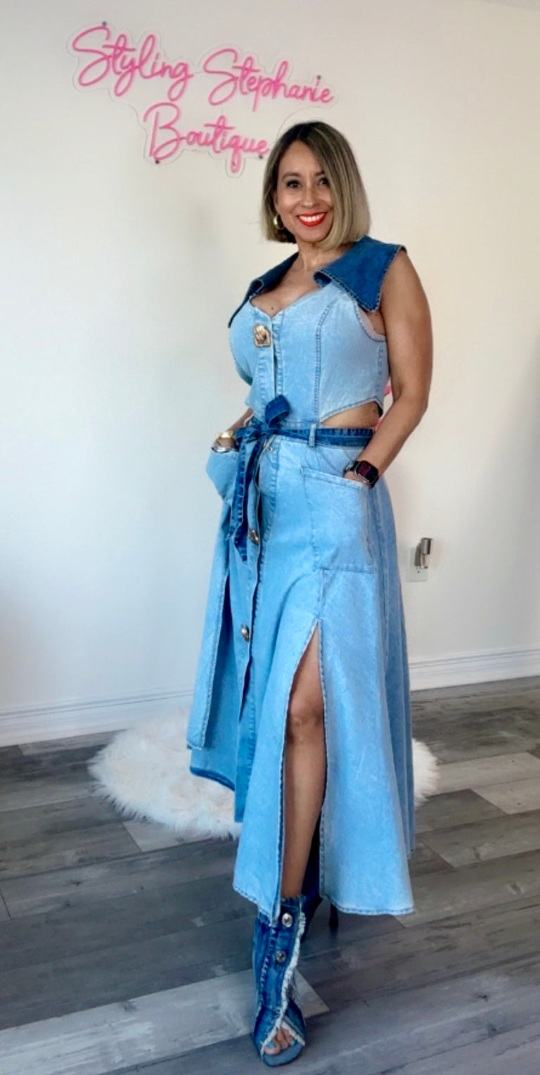 Denim Belted Long Dress