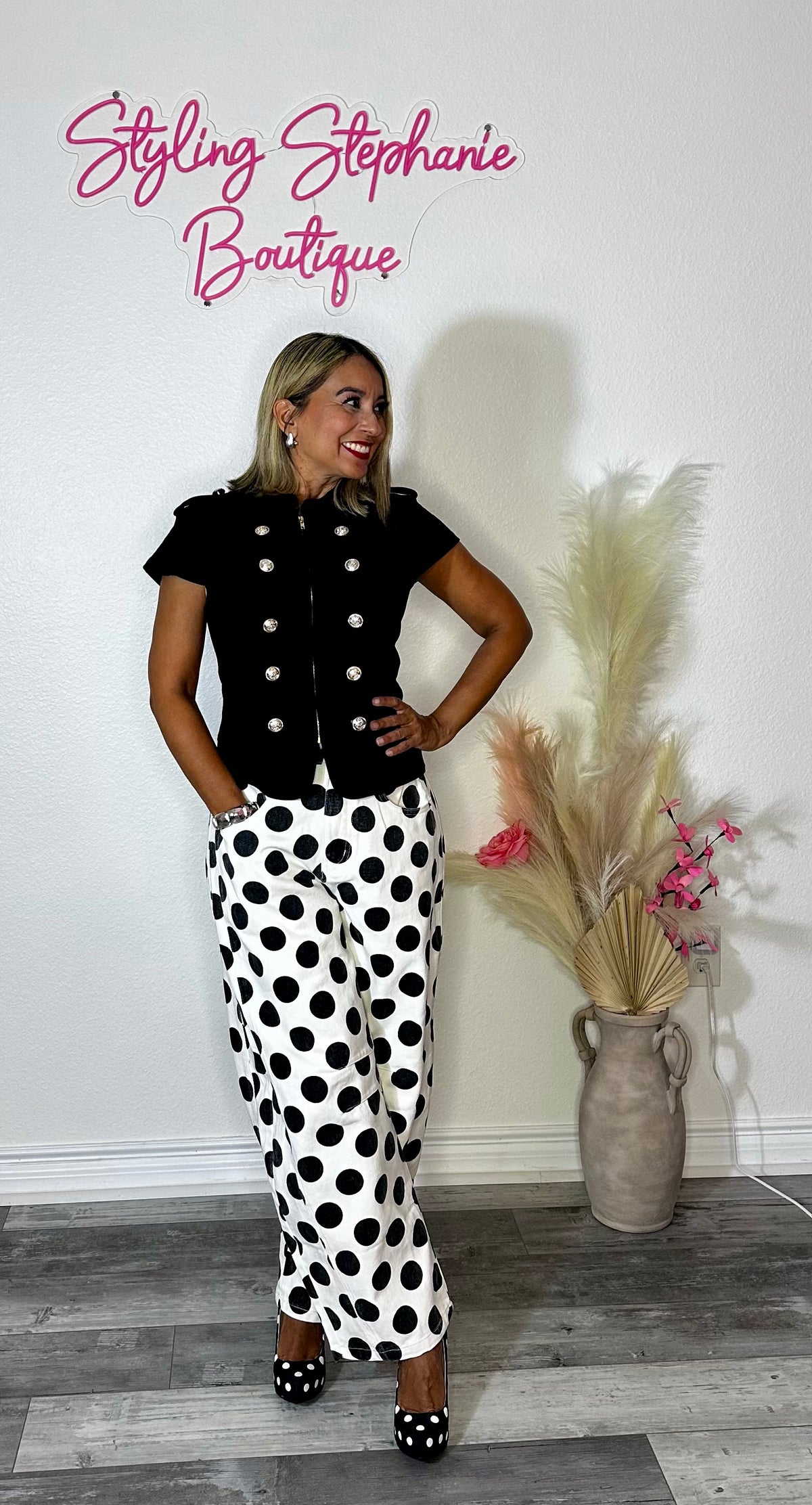 Polka Dot Barrel Leg Denim Pants