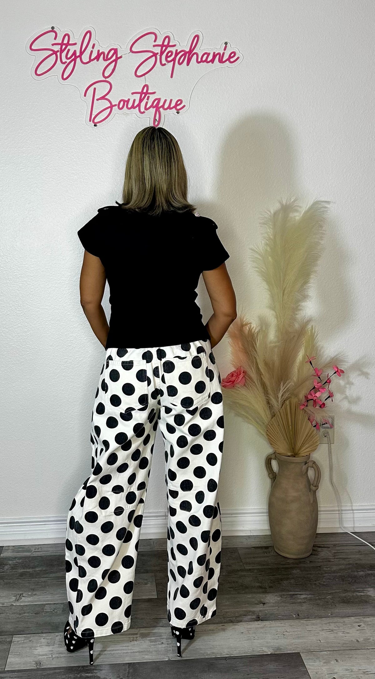 Polka Dot Barrel Leg Denim Pants