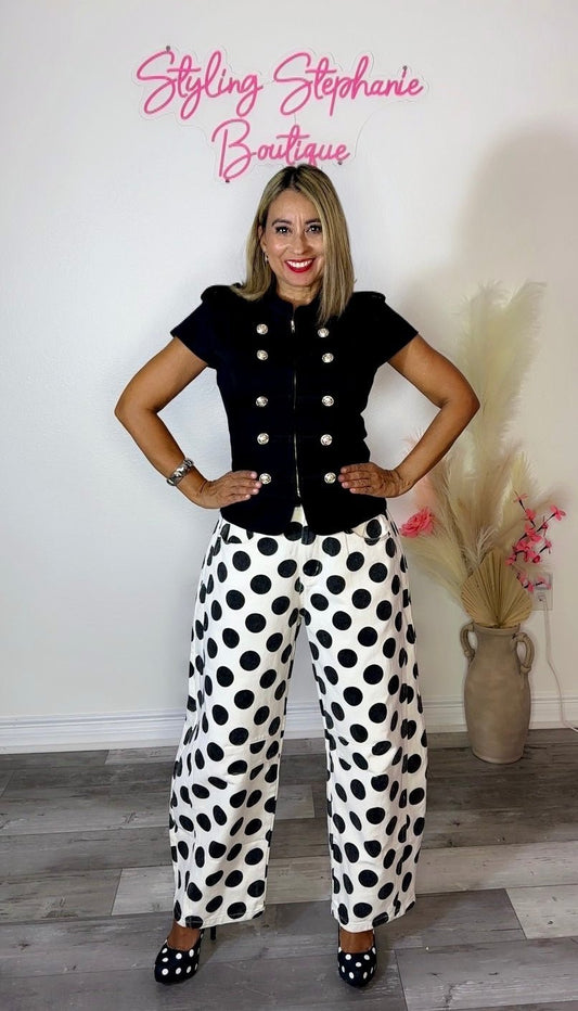 Polka Dot Barrel Leg Denim Pants