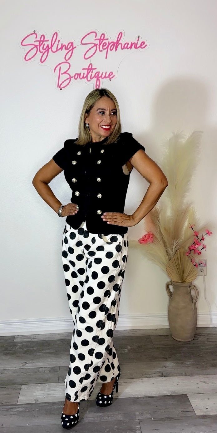 Polka Dot Barrel Leg Denim Pants
