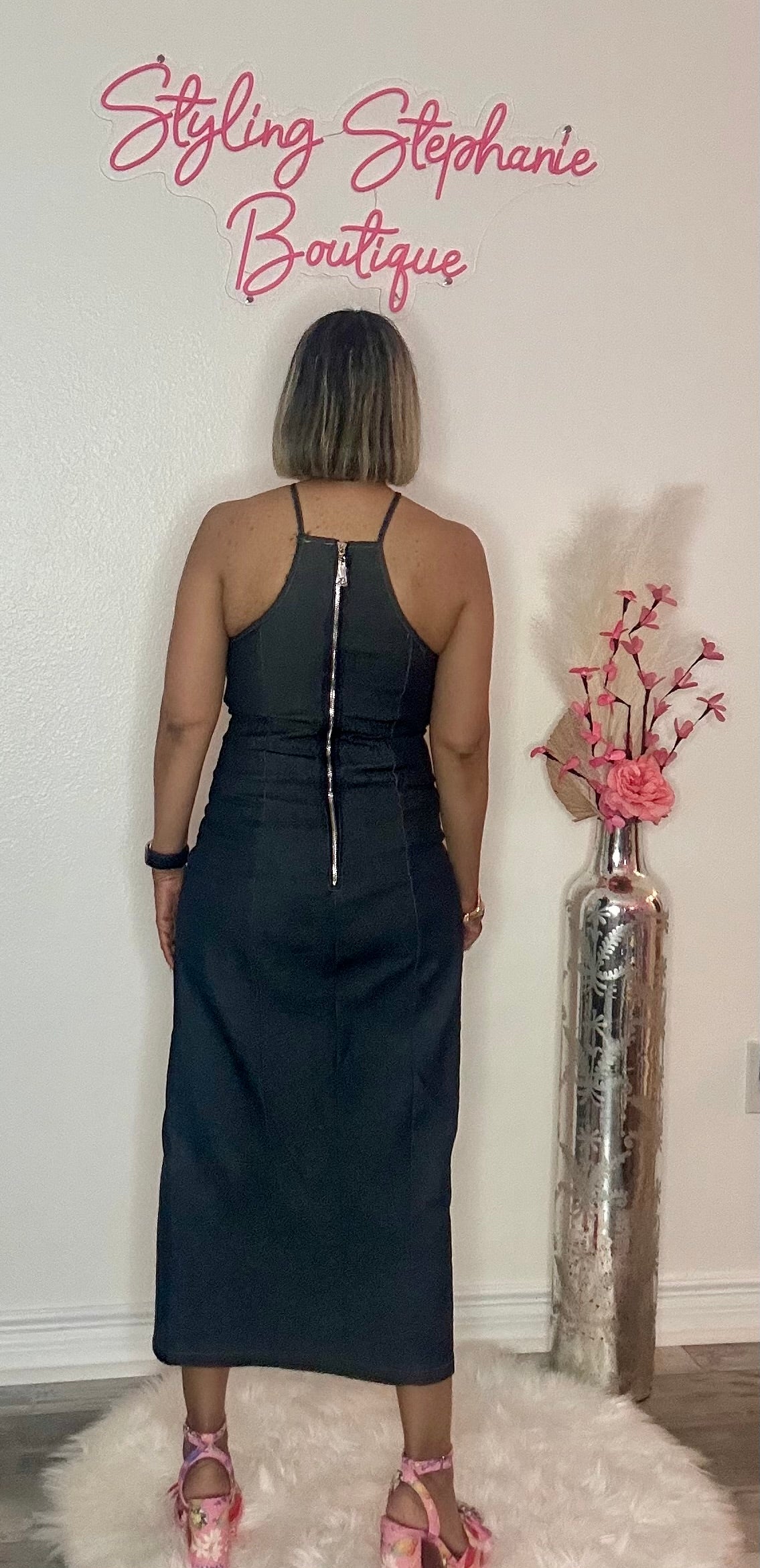 Dark Blue Denim Flower Midi Dress
