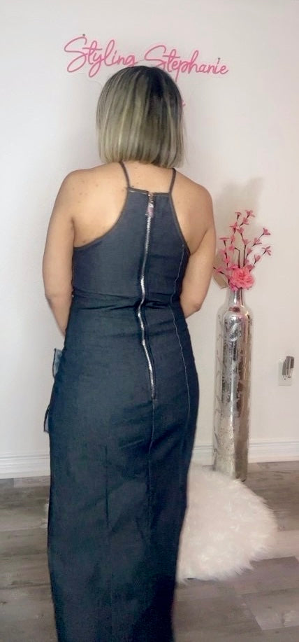 Dark Blue Denim Flower Midi Dress